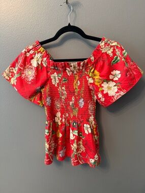 Parker Coral Floral Off-Shoulder Smocked Blouse